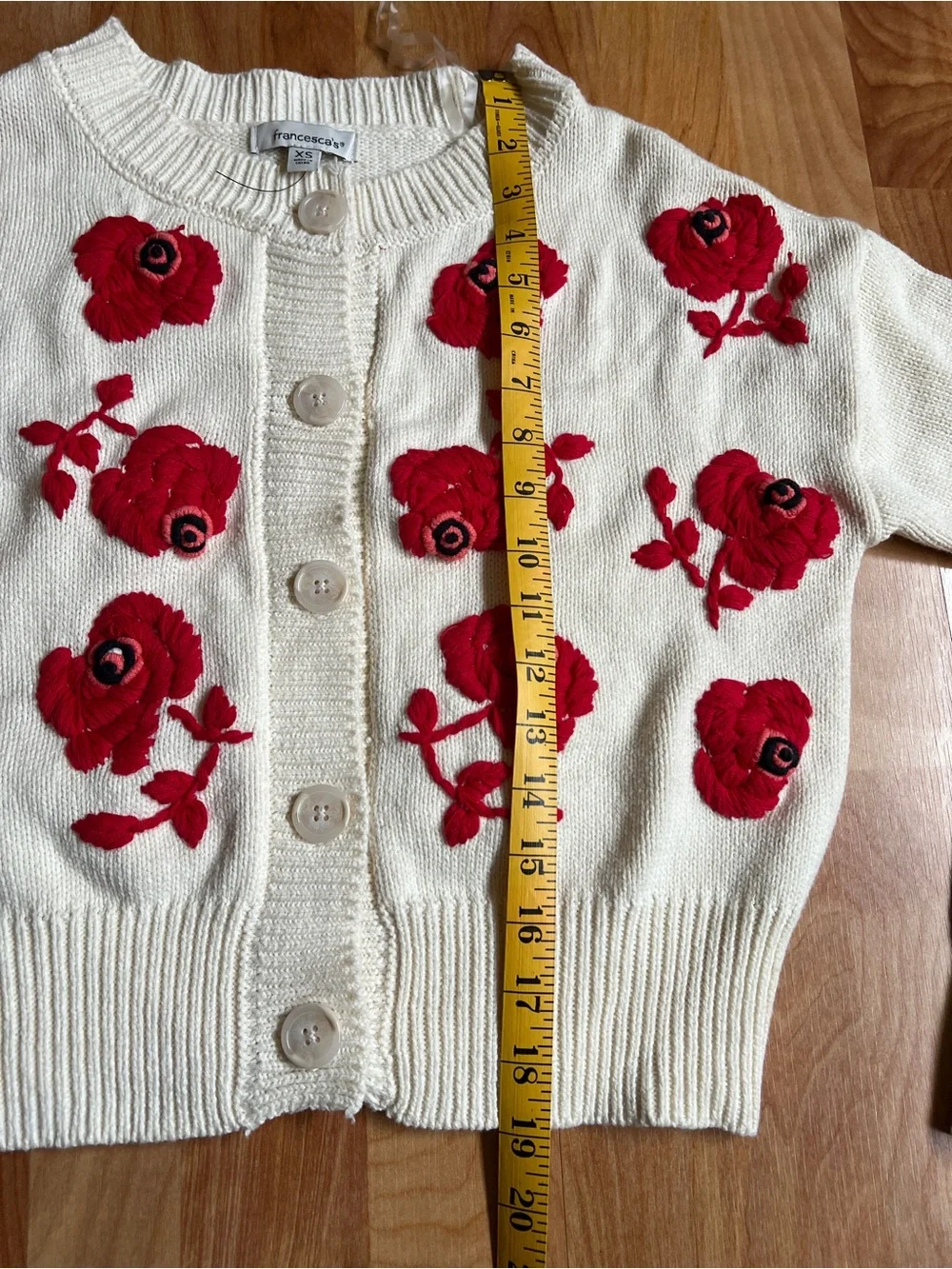 VGUC Francesca's Collections Cream Cardigan with Red Rose Embroidery